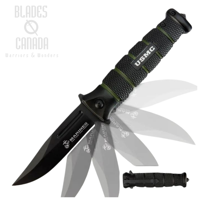 UC USMC Combat Folding Knife, Assisted Opening, Black/Green Aluminum, UC3098